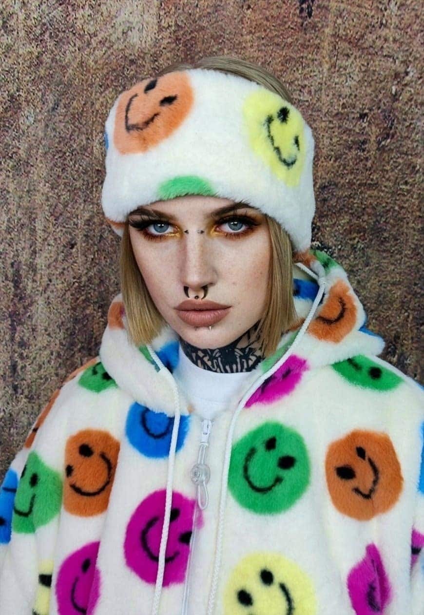 Fleece headband luxury fluffy head cover emoji print white
