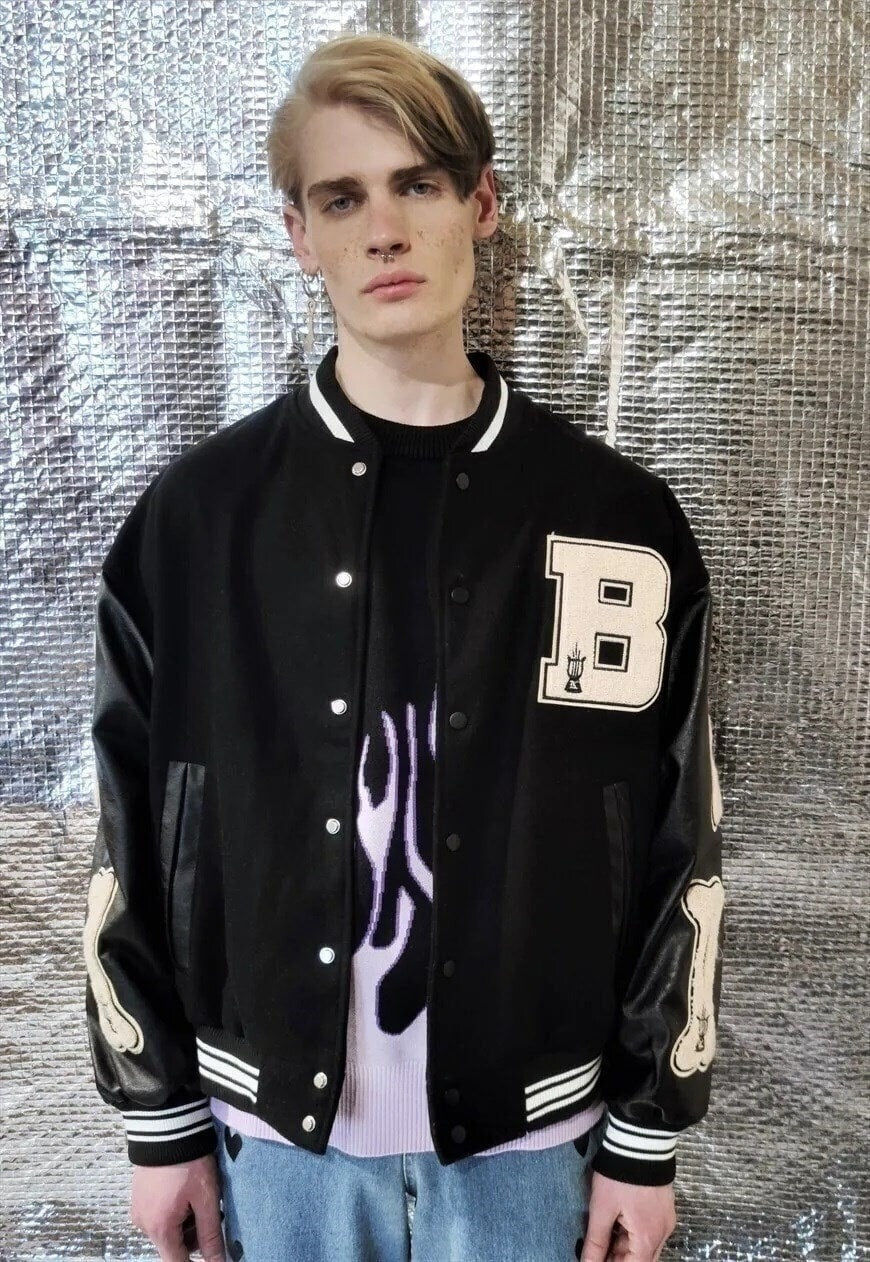 USA varsity jacket PU leather sleeve MA bones bomber black