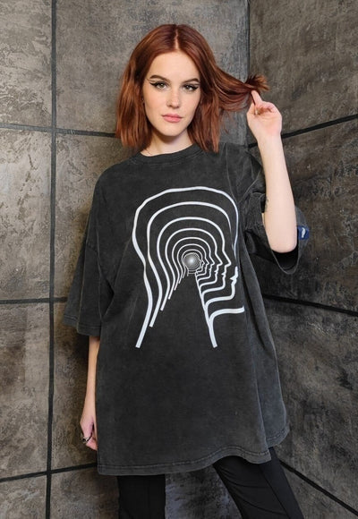 Psychedelic t-shirt geometric print top retro raver tee grey