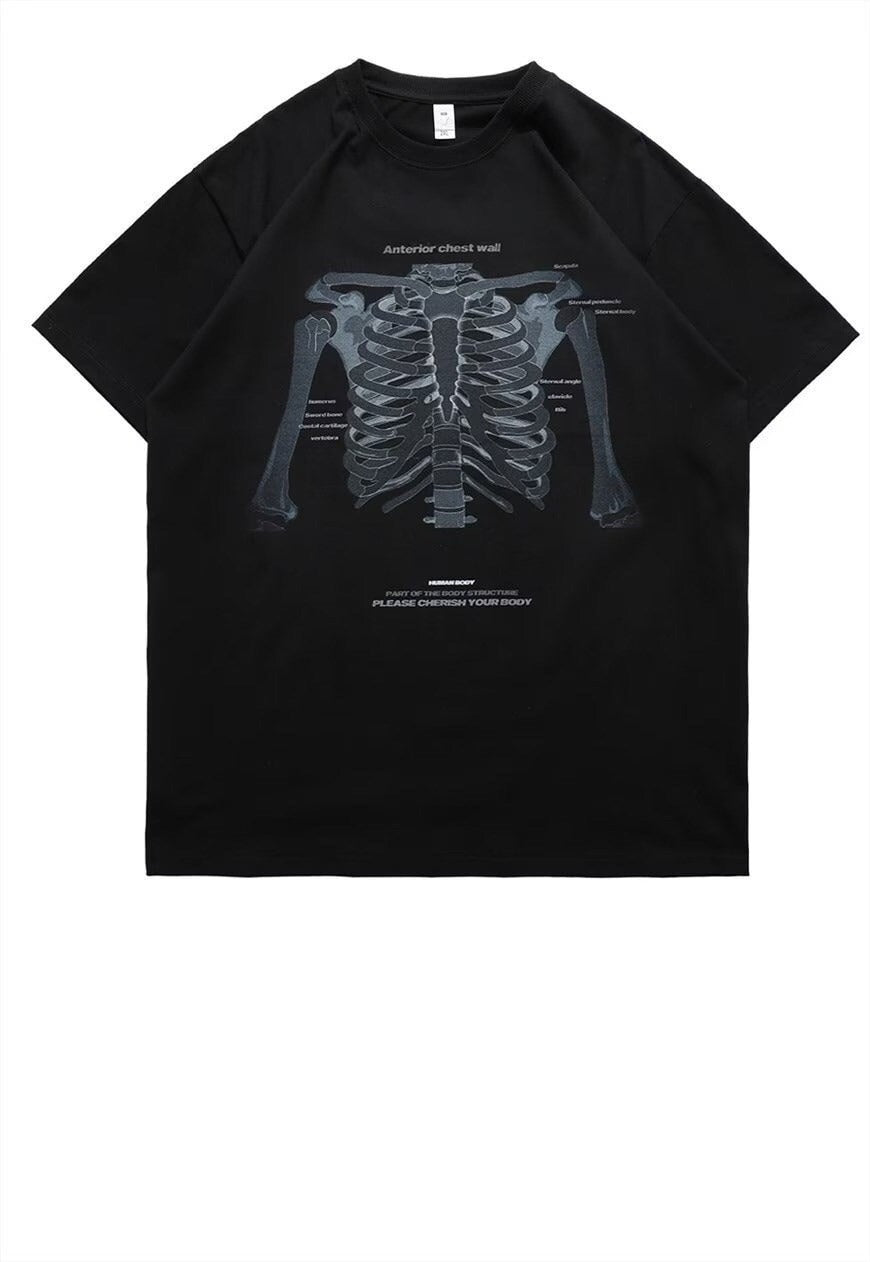 Skeleton bones print t-shirt anatomy tee Gothic top in black