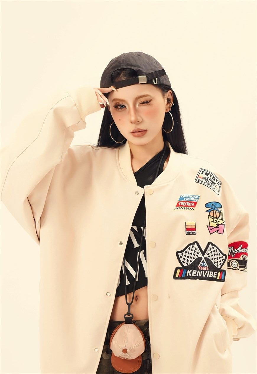 Faux leather racing jacket motorsports PU patchwork bomber