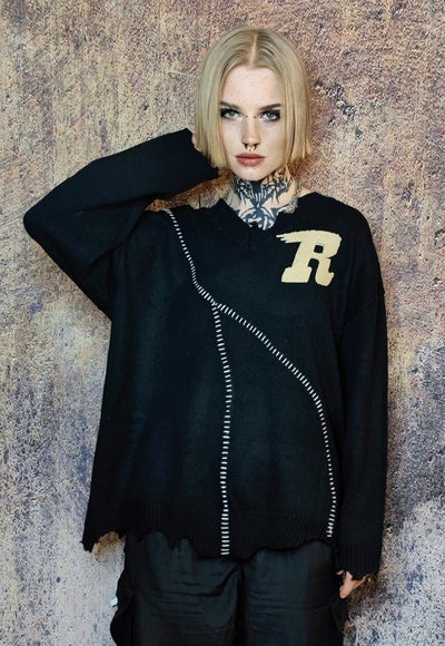 College sweater knitted ripped jumper American top in black