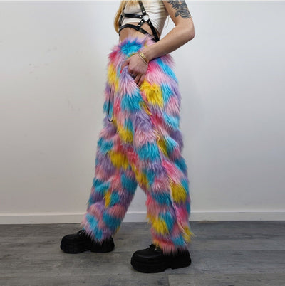 Marshmallow faux fur joggers raver pants fluffy rainbow trousers ski fleece tie-dye unicorn overalls festival bottoms burning man pants pink