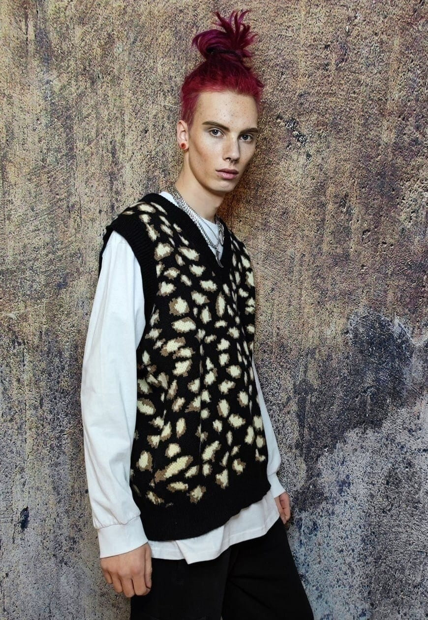 Leopard print sleeveless sweater animal print cardigan black