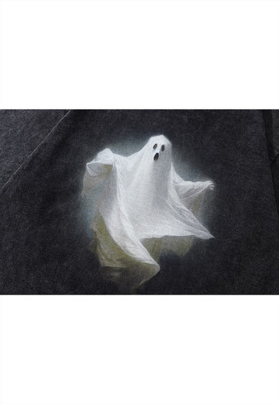 Ghost t-shirt vintage wash creepy cartoon long tee retro top