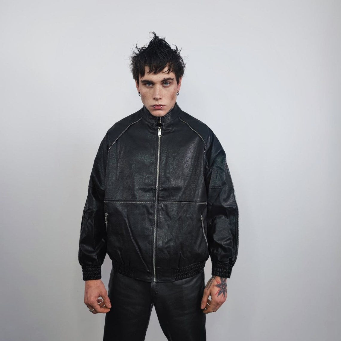 Faux leather utility jacket PU racing bomber gorpcore biker coat going out varsity motorcycle blazer catwalk jacket extreme zipper in black