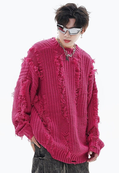 Ripped sweater knitted distressed jumper shredded top pink