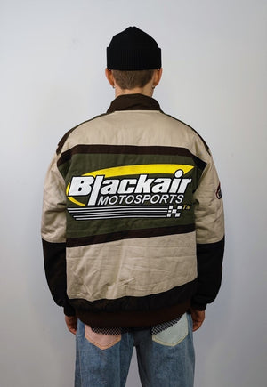 Racing denim jacket patch padded motorcycle bomber in brown