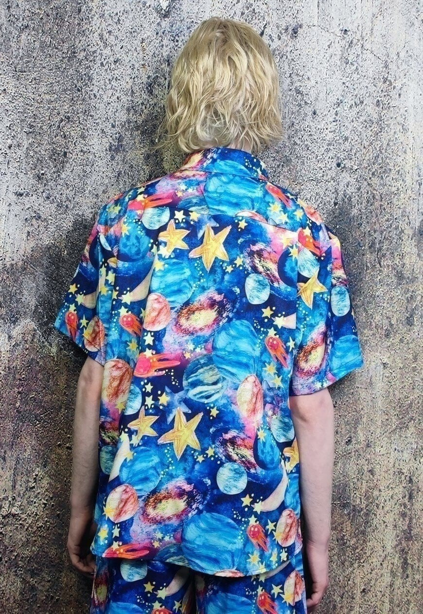 Space shirt night sky print short sleeve top in blue