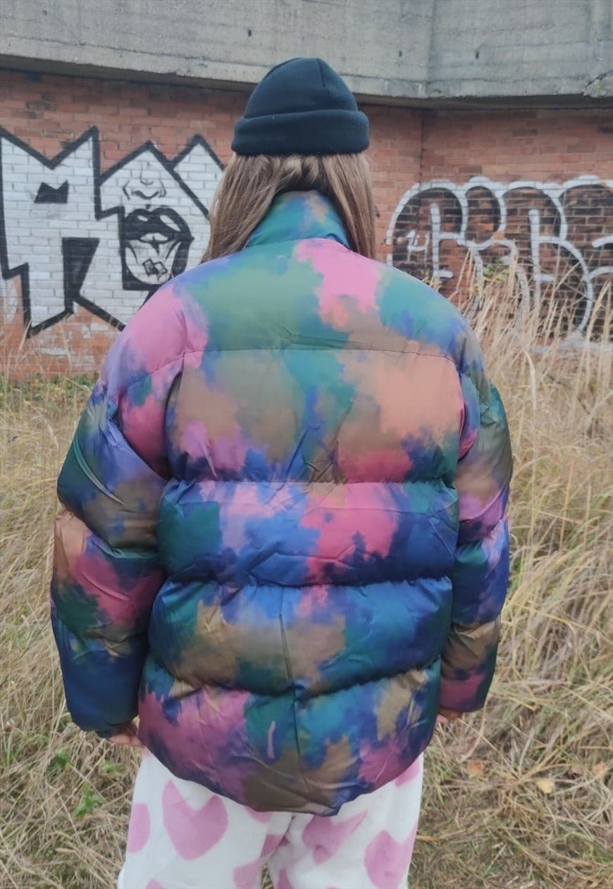Tie-dye bomber paint splatter puffer quilted jacket purple