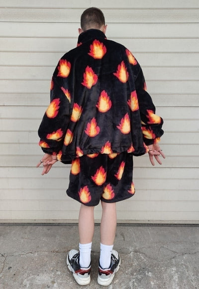 Flame fleece jacket handmade fire bolt bomber in black