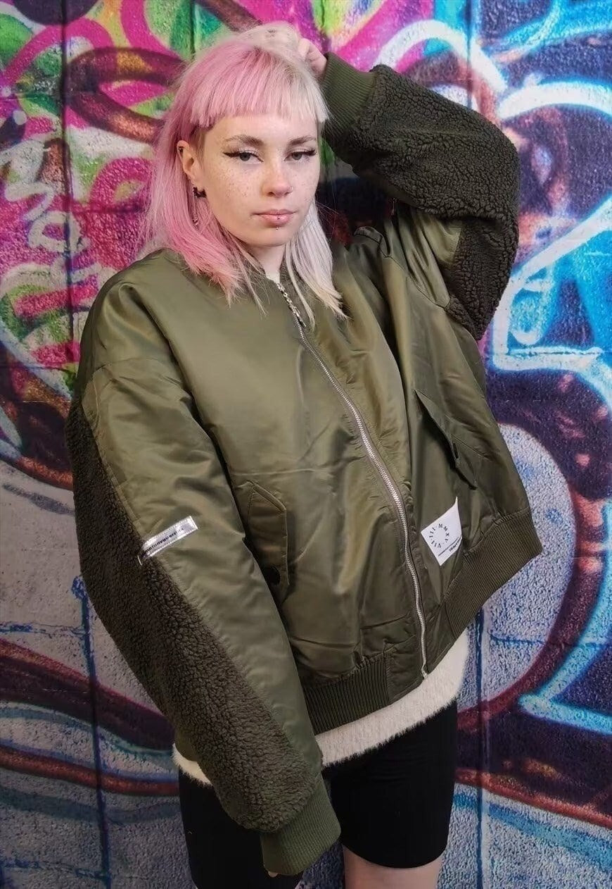 Cross patch fleece jacket reversible flame varsity bomber