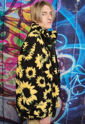 Sunflower fleece bomber handmade daisy floral coat jacket