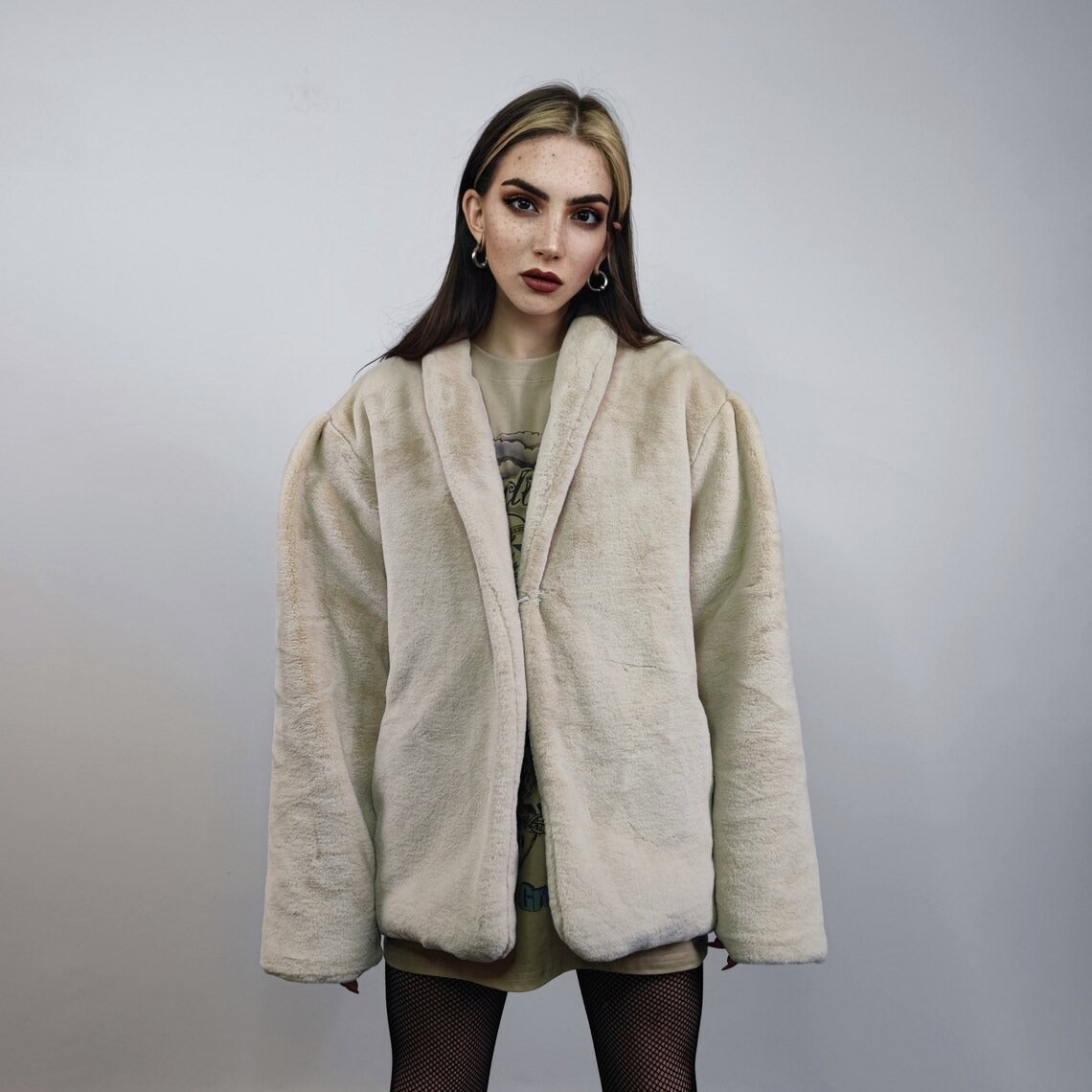 Beige faux fur lapel jacket mink coat smart style overcoat short going out bomber fancy dress fleece gorpcore retro peacoat in cream