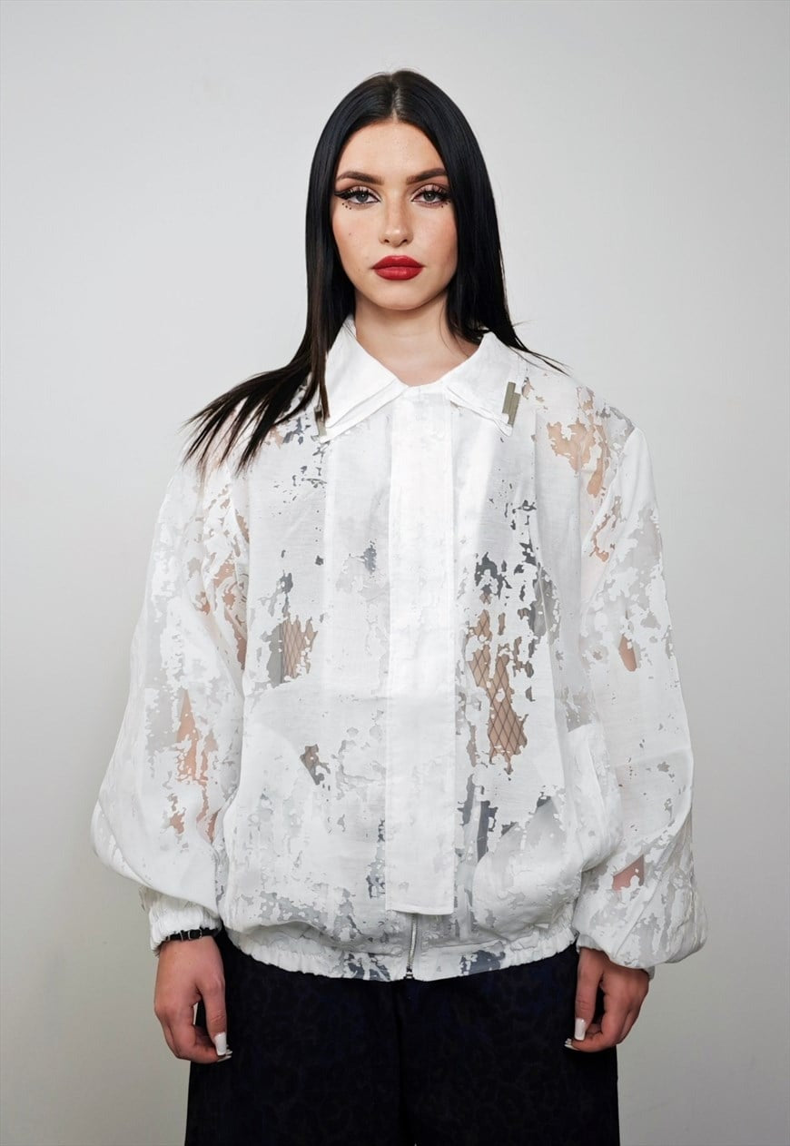 Transparent bomber white party jacket going out rave varsity