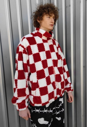 Reversible check fleece jacket handmade chess coat red