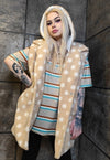 Polka dot fleece coat handmade 2in1 hood trench jacket cream