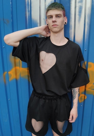 Heart cutout tee handmade transparent mesh t-shirt black