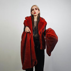 Red faux fur coat cropped trench short going out jacket grunge detachable sleeves handmade luxury festival overcoat fleece