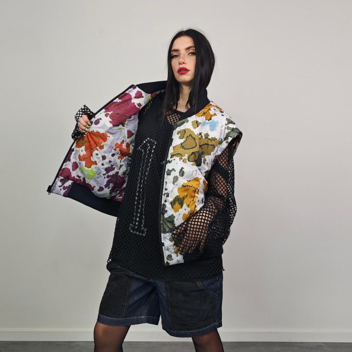 Leaves print bomber forest pattern jacket camo reversible military college varsity detachable sleeves handmade army grunge rocker coat green