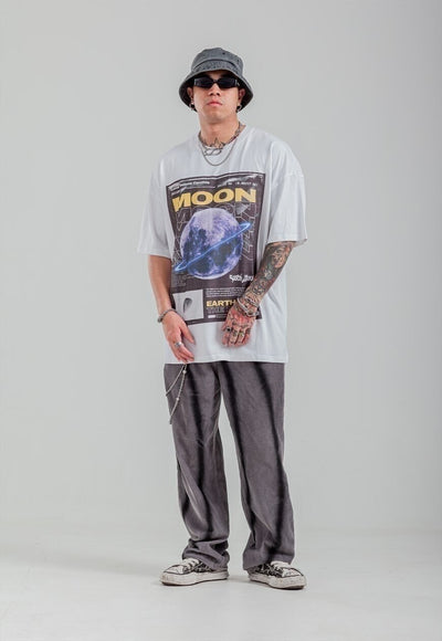 Moon print t-shirt space tee retro sky poster top in white