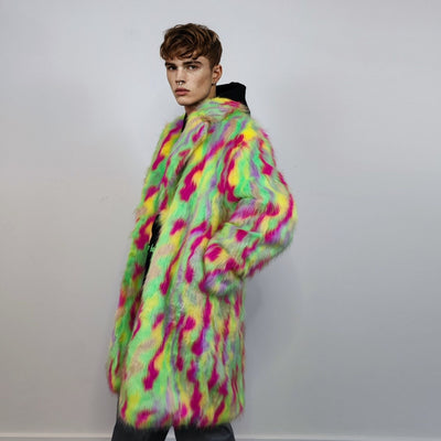 Psychedelic faux fur longline coat shaggy trench bright raver bomber fluffy winter fleece festival jacket neon burning man coat green pink