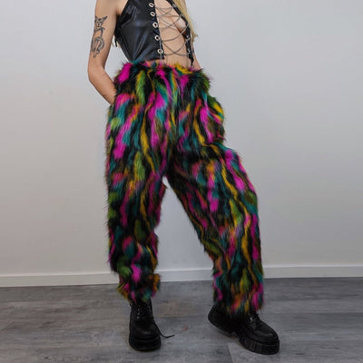 Striped neon fur joggers raver pants fluffy zebra trousers skiing fleece tie-dye overalls festival bottoms burning man pants in black pink