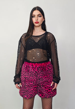 Faux fur leopard shorts pink animal print cropped trousers