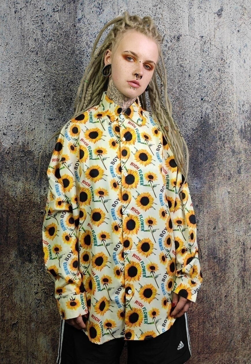 Sunflower shirt floral print long sleeve top in white yellow