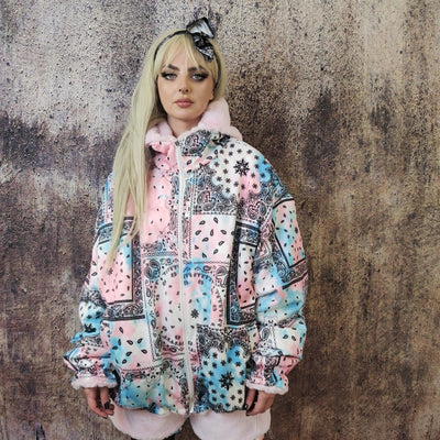 Pastel pink fleece jacket handmade reversible fluffy paisley bomber fluorescent faux fur premium Barbie bandanna coat in faded pink