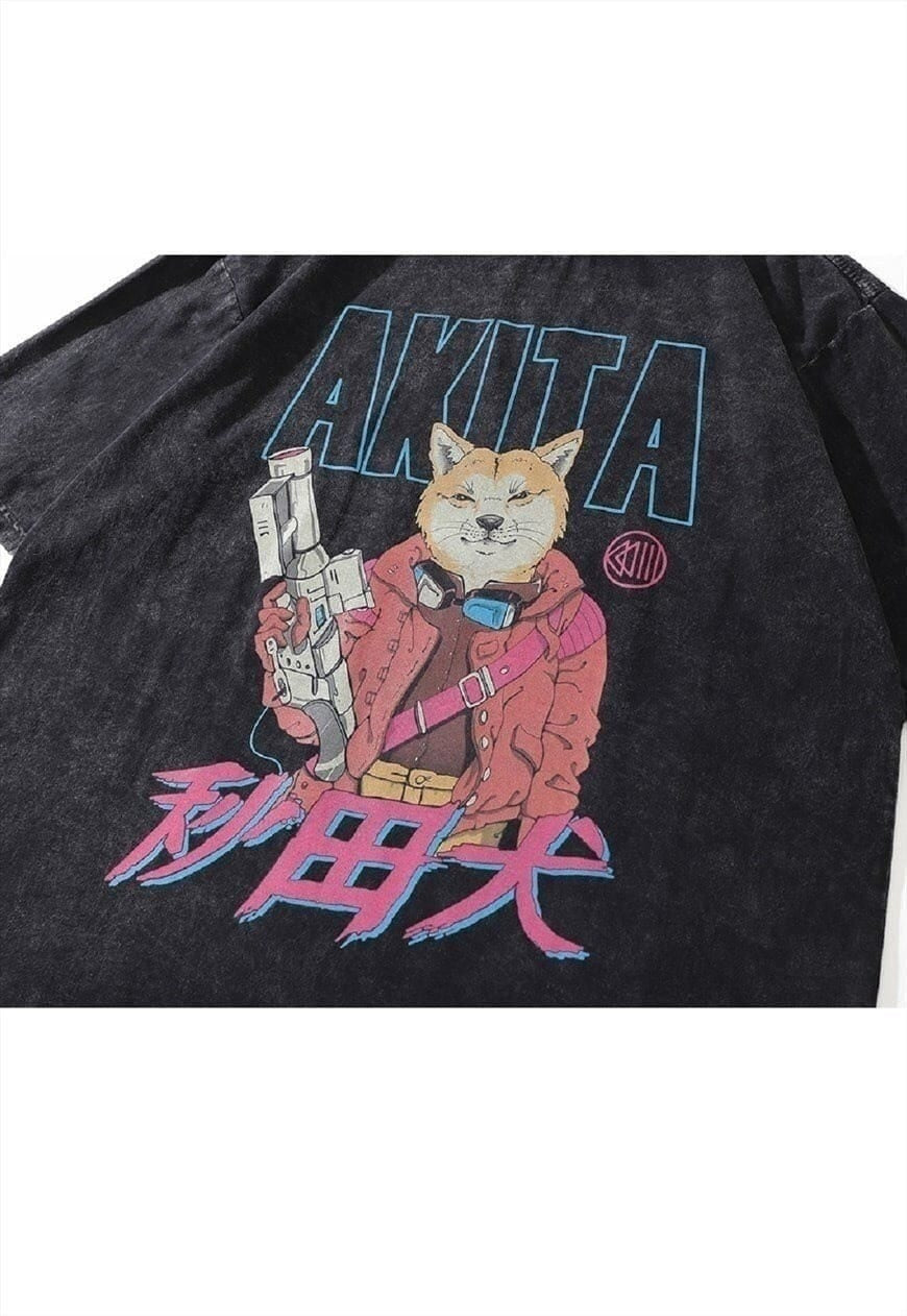 Akita print t-shirt punk dog tee retro animal top acid grey
