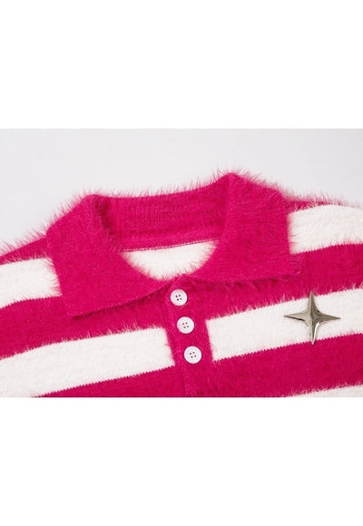 Knitted polo shirt long sleeve striped jumper fluffy top