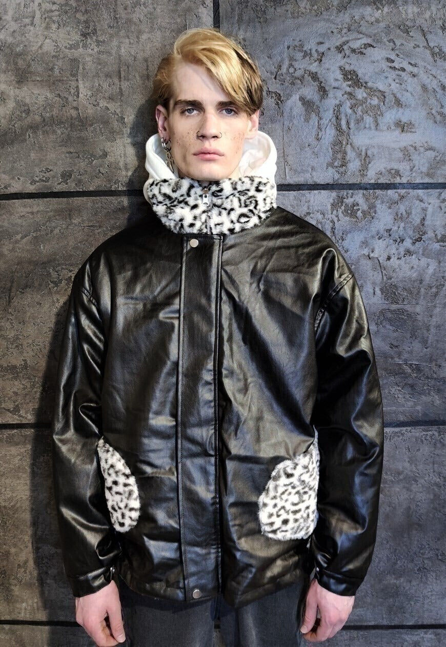 2 Sided leopard fleece jacket faux leather reversible bomber