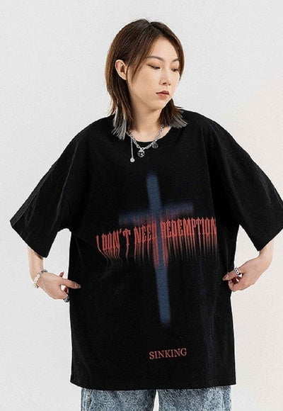 Cross print t-shirt grunge tee Gothic slogan top in Black