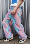 Tie-dye faux fur joggers luxury fleece party pants handmade Barbie trousers fluffy premium festival overalls in pastel pink