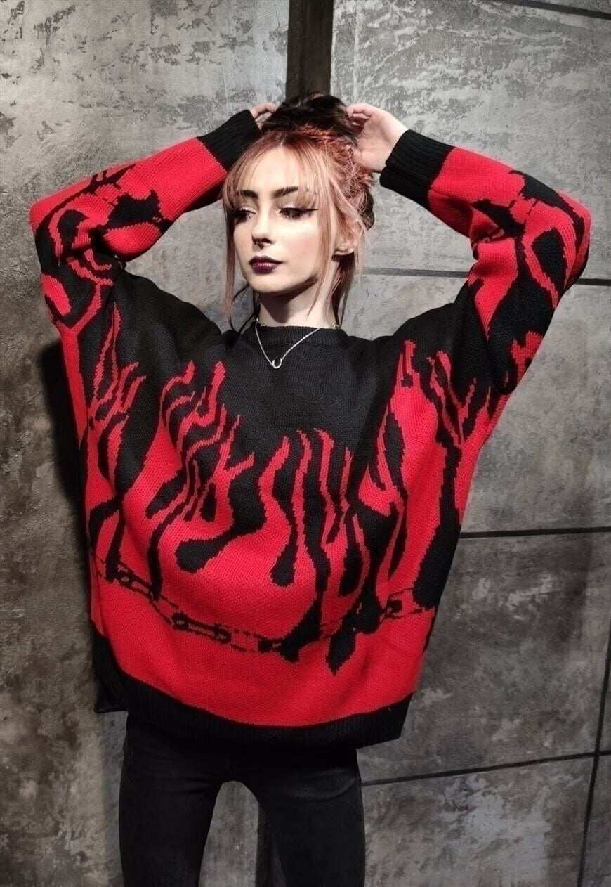 Flame sweater in red punk fire knitwear jumper in red black