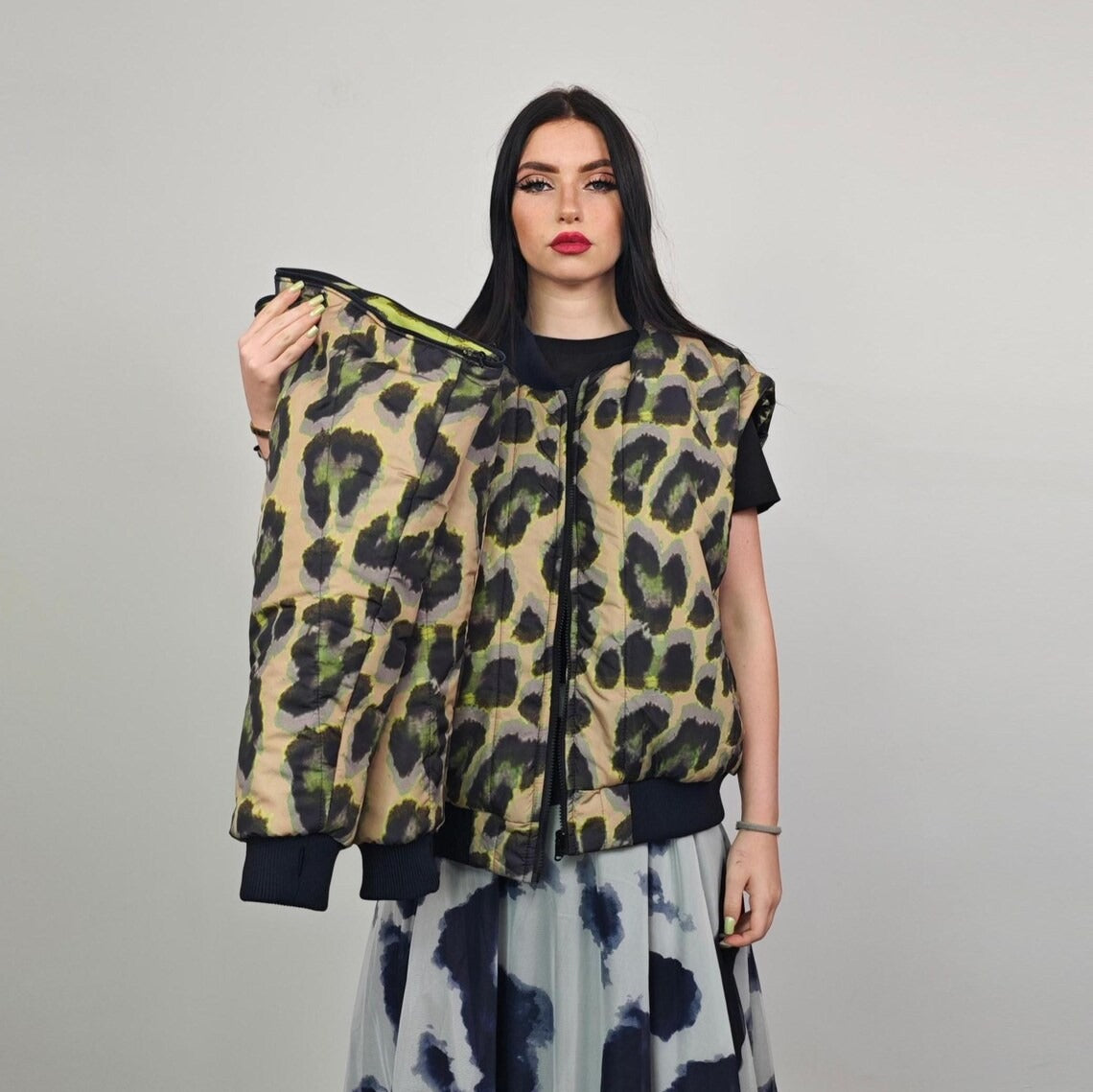 Leopard jacket brown animal print bomber reversible cheetah college varsity detachable sleeves handmade rave puffer grunge festival coat