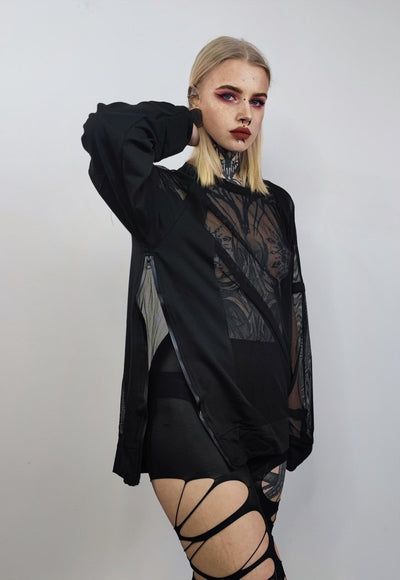 Sheer top transparent mesh jumper see-through long tee black