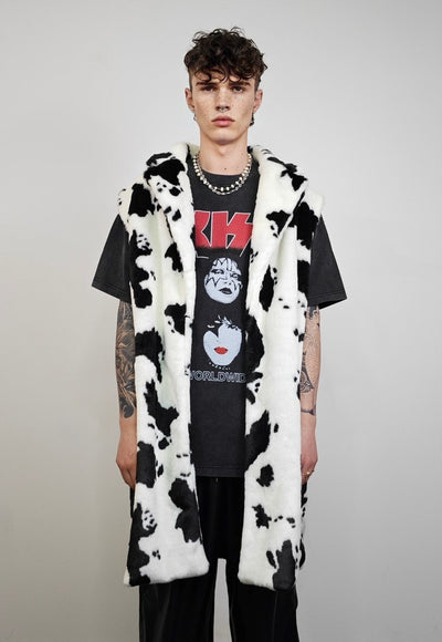 Cow print coat hooded faux fur spot pattern trench animal