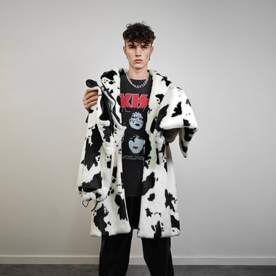 Cow coat faux fur spot pattern trench animal overcoat going out bomber detachable rave festival jacket rock and roll peacoat in white black