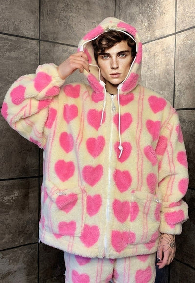 Pink heart fleece jacket handmade detachable puffer in cream