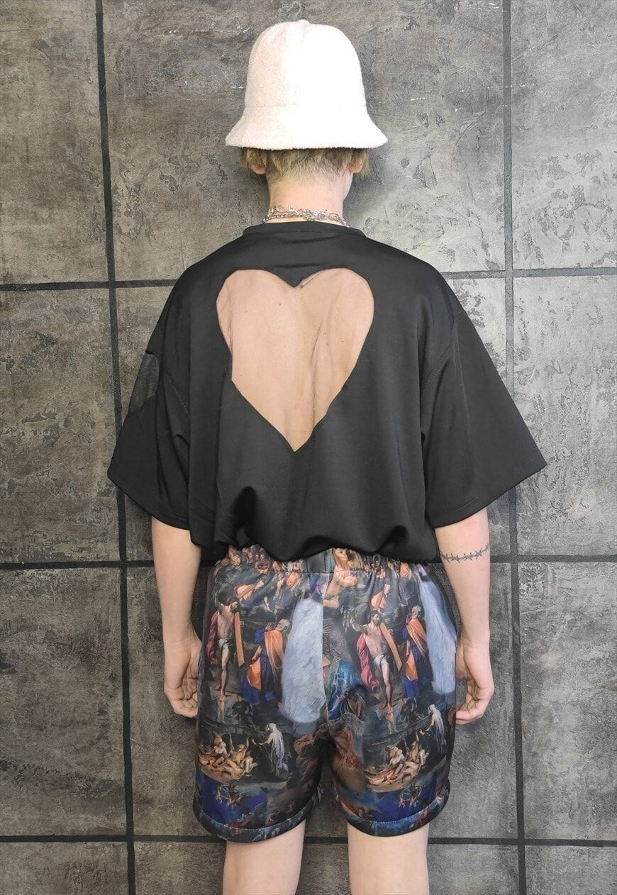 Baroque print shorts handmade religion Gothic overalls blue