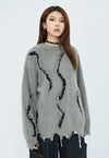 Fluffy distressed sweater stripe pattern hairy jumper grey