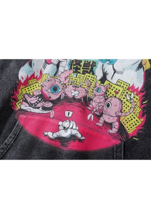 Anime print hoodie Japanese cartoon pullover grunge top grey