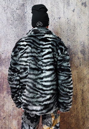 Faux fur stripe jacket retro fluffy fleece zebra bomber grey