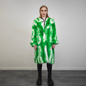 Green tie-dye coat faux fur neon shaggy trench abstract pattern overcoat bright rave bomber detachable festival jacket acid salad peacoat