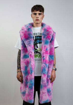 Tie-dye pink fleece gradient coat long fluffy hooded trench