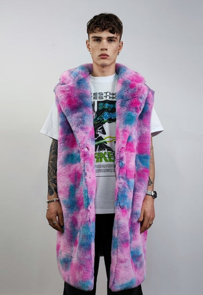 Tie-dye pink fleece gradient coat long fluffy hooded trench