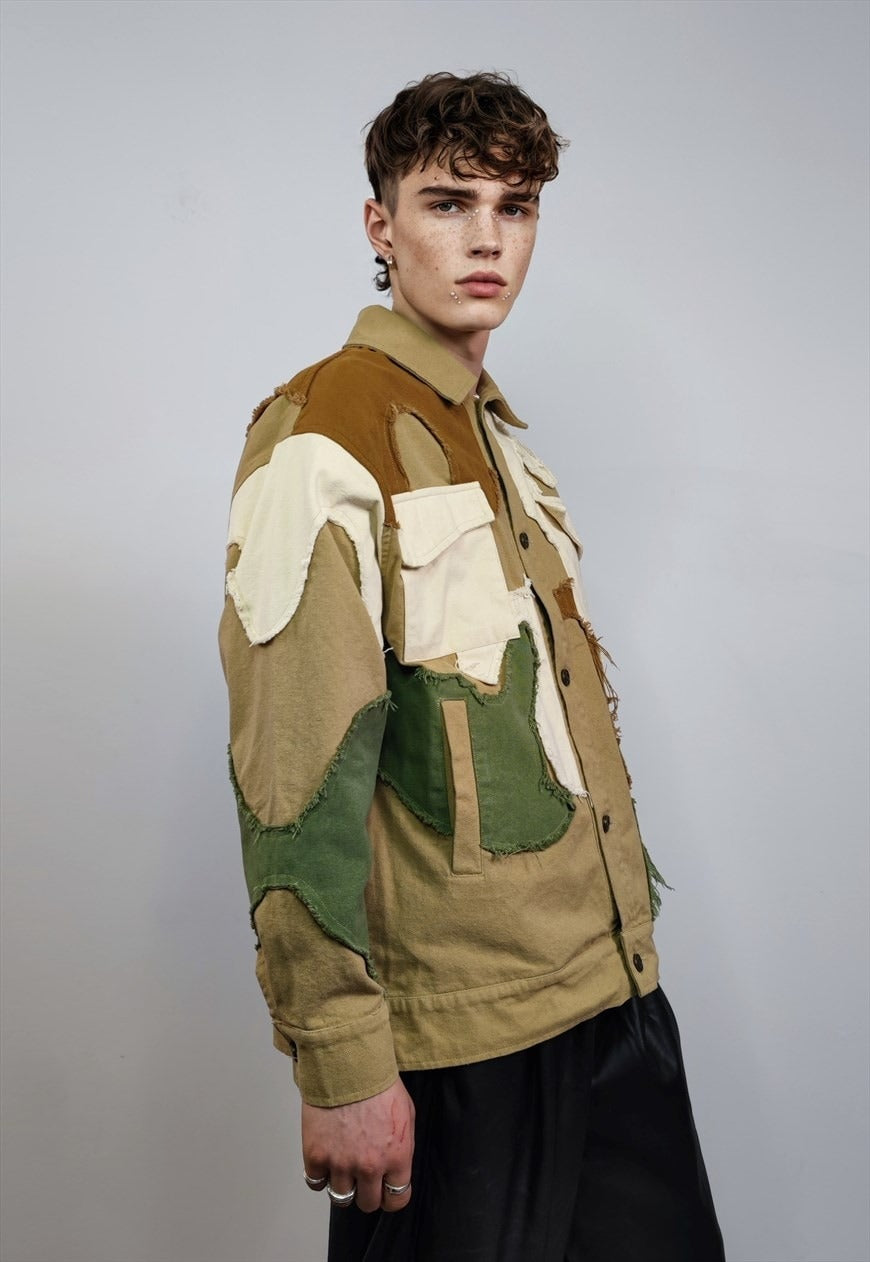 Military denim jacket patchwork distressed jean varsity camo