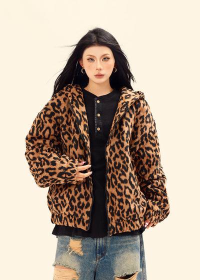 Animal print fleece leopard jacket fluffy brown bomber